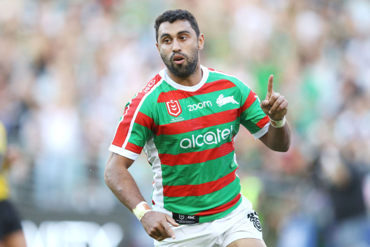 ALEX JOHNSTON of the Rabbitohs celebrates scoring a try between the Canterbury-Bankstown Bulldogs and the South Sydney Rabbitohs at ANZ Stadium in Sydney, Australia.