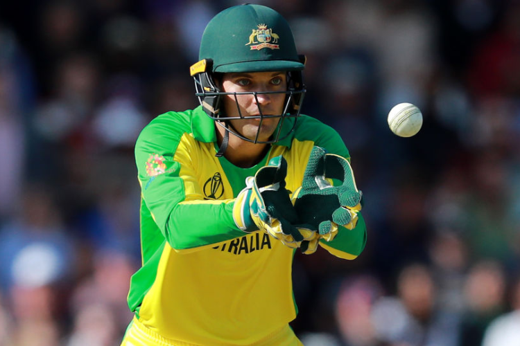 ALEX CAREY of Australia catches the ball during the ICC Cricket World Cup between Australia and the West Indies at Trent Bridge in Nottingham, England.