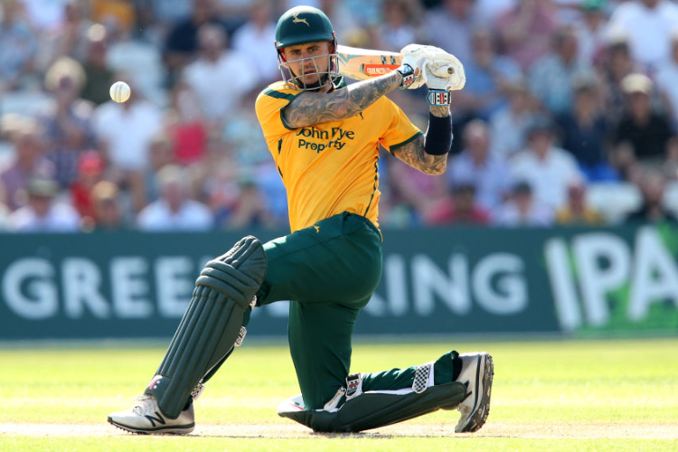 ALEX HALES of Notts Outlaws bats during the Vitality T20 Blast match between Notts Outlaws and Yorkshire Vikings at Trent Bridge in Nottingham, England.