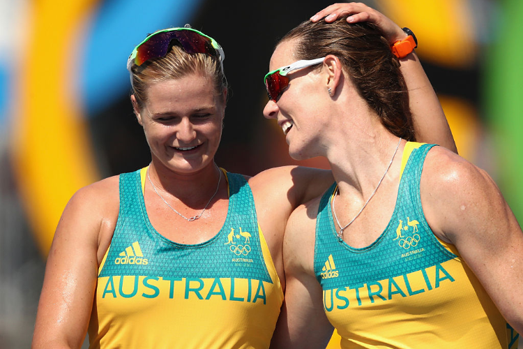 Alyce Burnett (R) and ALYSSA BULL (L) of Australia celebrate qualifying for the Final A after competing in the Canoe Sprint Women's Kayak Double 500m Semifinal 1 of the Rio Olympic Games at Lagoa Stadium in Rio de Janeiro, Brazil.