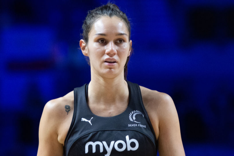 AMELIARANNE EKENASIO of New Zealand during the Vitality Netball World Cup match between Australia and New Zealand at M&S Bank Arena in Liverpool, England.