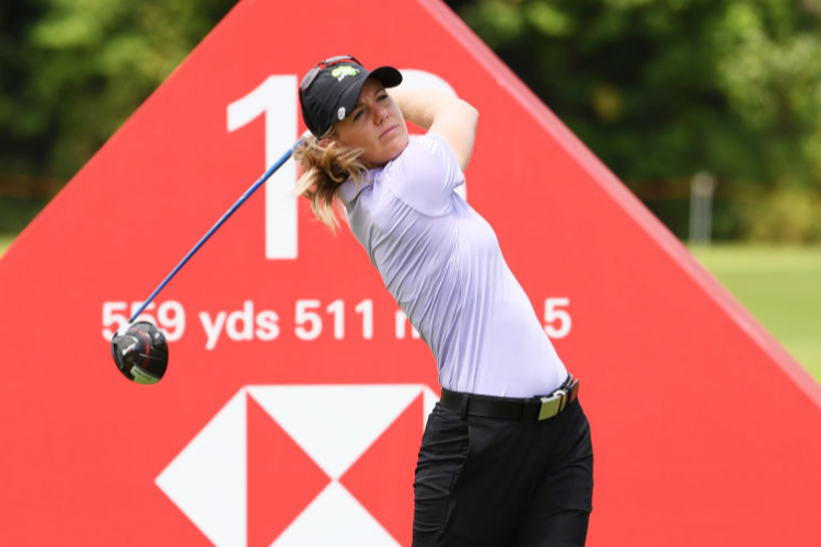 AMY OLSON of the United States plays her shot from the 16th tee during the second round of the HSBC Women's World Championship at Sentosa Golf Club in Singapore. AMY OLSON of the United States plays her shot from the 16th tee during the second round of the HSBC Women's World Championship at Sentosa Golf Club in Singapore.