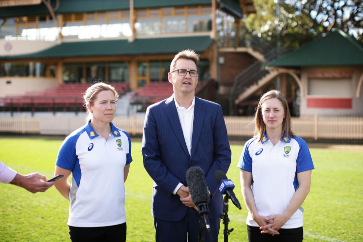 Australia cricketers Alex Blackwells (L) and Rachael Hayne (R) speak to the media alongside Cricket NSW CEO ANDREW JONES during the Cricket Australia Women's Ashes series ticket sale announcement at North Sydney Oval in Sydney, Australia. Australia cricketers Alex Blackwells (L) and Rachael Hayne (R) speak to the media alongside Cricket NSW CEO ANDREW JONES during the Cricket Australia Women's Ashes series ticket sale announcement at North Sydney Oval in Sydney, Australia.