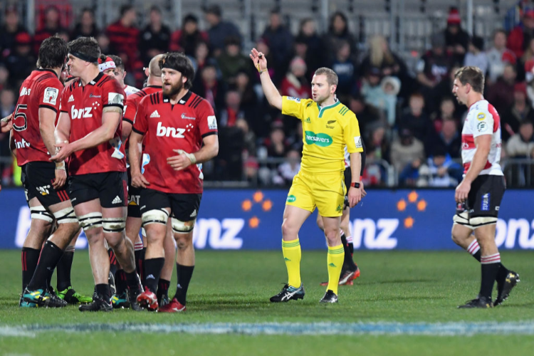 Referee ANGUS GARDNER reacts during the Super Rugby Final match between the Crusaders and the Lions at AMI Stadium in Christchurch, New Zealand.