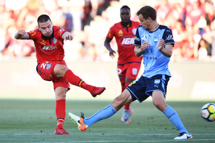 APOSTOLOS STAMATELOPOULOS of Adelaide United shoots for goal during the A-League match between Adelaide United and Sydney FC at Coopers Stadium in Adelaide, Australia.