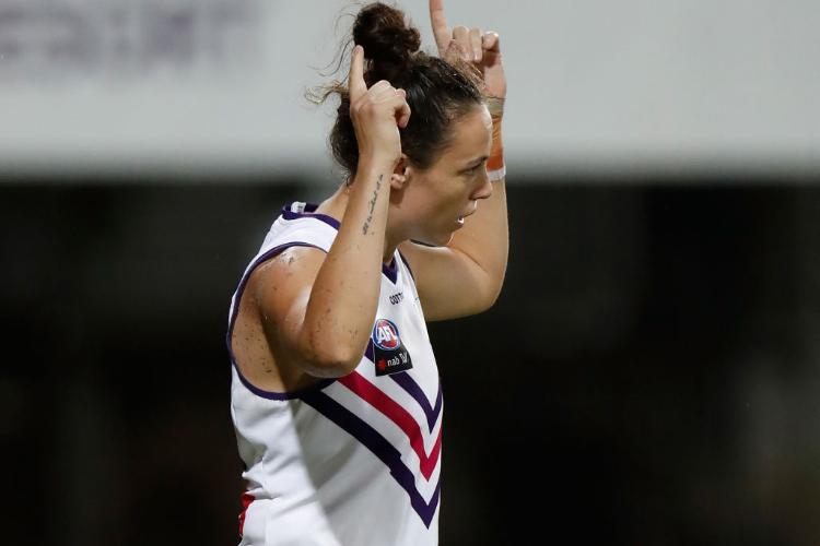 ASHLEE ATKINS of the Dockers celebrates during the NAB AFLW match between the Adelaide Crows and the Fremantle Dockers at TIO Stadium in Darwin, Australia. ASHLEE ATKINS of the Dockers celebrates during the NAB AFLW match between the Adelaide Crows and the Fremantle Dockers at TIO Stadium in Darwin, Australia.