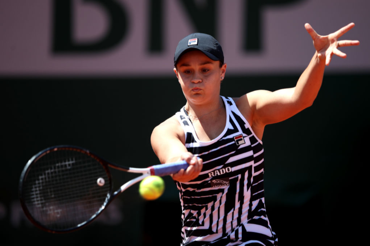 ASHLEIGH BARTY of Australia plays a forehand during her ladies singles quarter-final match against Madison Keys of The United States during Day twelve of the French Open at Roland Garros in Paris, France.