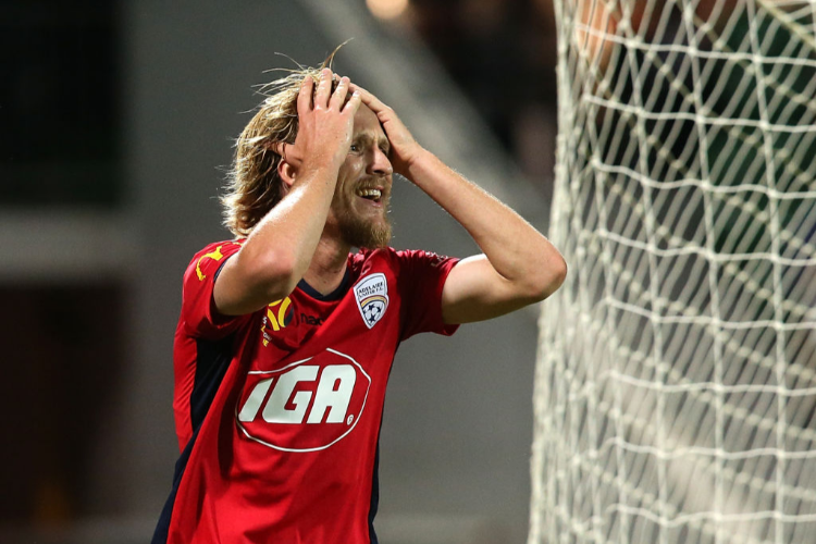 BEN HALLORAN of Adelaide reacts after missing a shot on goal during the A-League match between the Perth Glory and Adelaide United at HBF Park in Perth, Australia.