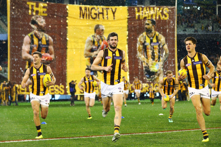 BEN STRATTON of the Hawks runs through their banner during the AFL First Qualifying Final match between the Richmond Tigers and the Hawthorn Hawks at MCG in Melbourne, Australia.