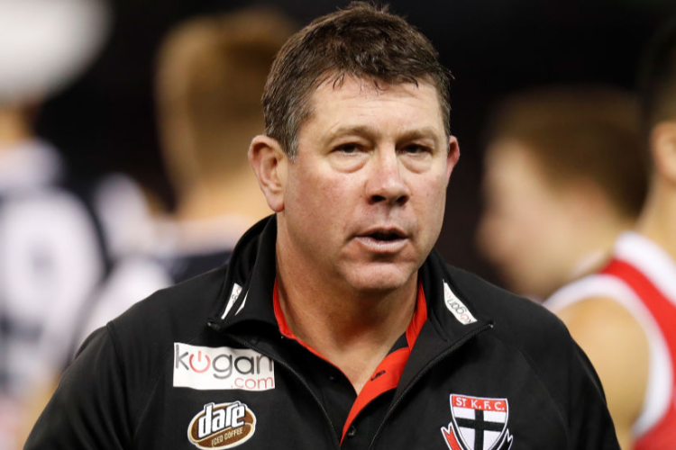 BRETT RATTEN, Interim Senior Coach of the Saints looks on during the AFL match between the St Kilda Saints and the Melbourne Demons at Marvel Stadium in Melbourne, Australia.