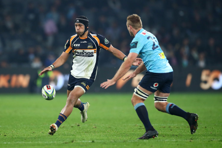 CHRISTIAN LEALI'IFANO of the Brumbies kicks during the Super Rugby match between the Waratahs and the Brumbies at Bankwest Stadium in Sydney, Australia.