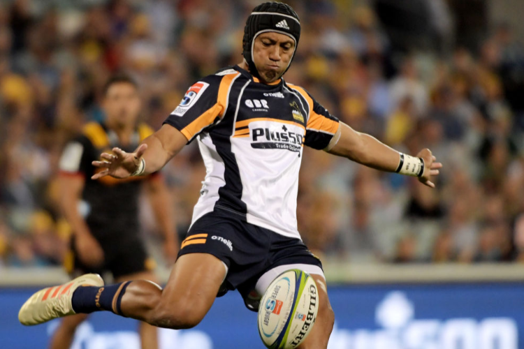 CHRISTIAN LEALIIFANO of the Brumbies kicks during the Brumbies and Chiefs Super Rugby match at GIO Stadium in Canberra, Australia.