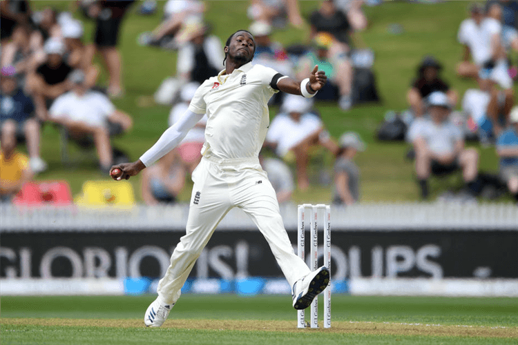 JOFRA ARCHER of England bowls during the second Test match between New Zealand and England at Seddon Park in Hamilton, New Zealand.