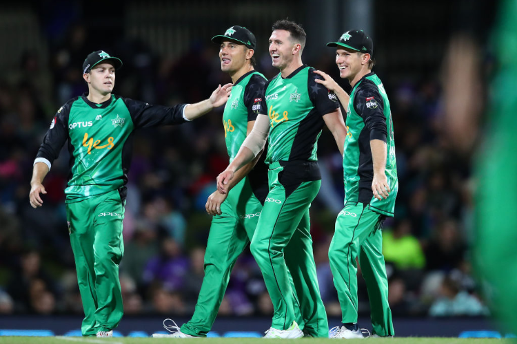 DANIEL WORRALL of the Stars is congratulated by his teammates during the Big Bash League semi final match between the Hobart Hurricanes and the Melbourne Stars at Blundstone Arena in Hobart, Australia.