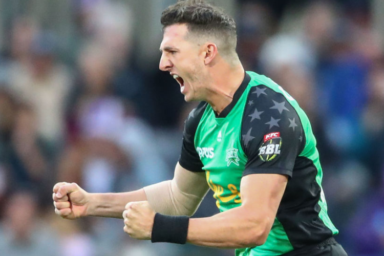 DANIEL WORRALL of the Stars celebrates after dismissing Matthew Wade of the Hurricanes during the Big Bash League semi final match between the Hobart Hurricanes and the Melbourne Stars at Blundstone Arena in Hobart, Australia.