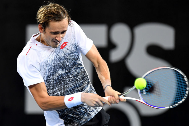 DANIIL MEDVEDEV of Russia plays a backhand in his match during the Brisbane International at Pat Rafter Arena in Brisbane, Australia.