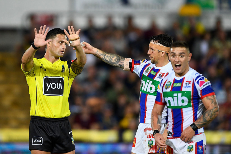DANNY LEVI of the Knights is sent to the sin bin during the NRL match between the North Queensland Cowboys and the Newcastle Knights at 1300SMILES Stadium in Townsville, Australia.