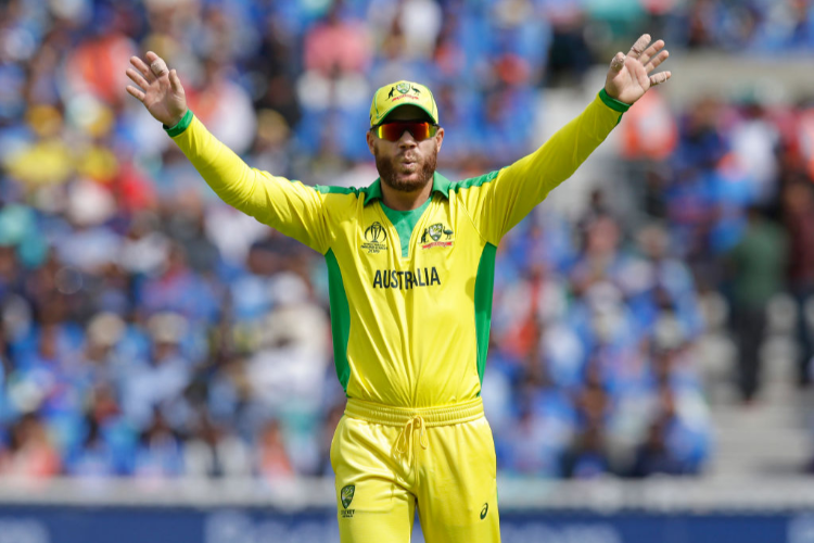 DAVID WARNER of Australia gestures during the ICC Cricket World Cup between India and Australia at The Oval in London, England.
