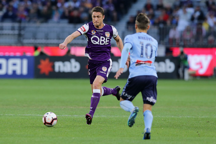 DINO DJULBIC of the Glory looks to pass the ball during the A-League Grand Final match between the Perth Glory and Sydney FC at Optus Stadium in Perth, Australia.