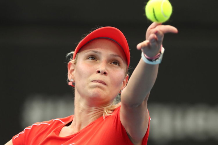 DONNA VEKIC of Croatia serves in her match against Aliaksandra Sasnovich of Belarus during day six of the 2019 Brisbane International at Pat Rafter Arena in Brisbane, Australia. DONNA VEKIC of Croatia serves in her match against Aliaksandra Sasnovich of Belarus during day six of the 2019 Brisbane International at Pat Rafter Arena in Brisbane, Australia.