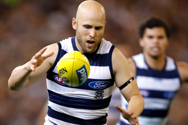 GARY ABLETT of the Cats in action during the AFL match between the Collingwood Magpies and the Geelong Cats at the MCG in Melbourne, Australia.