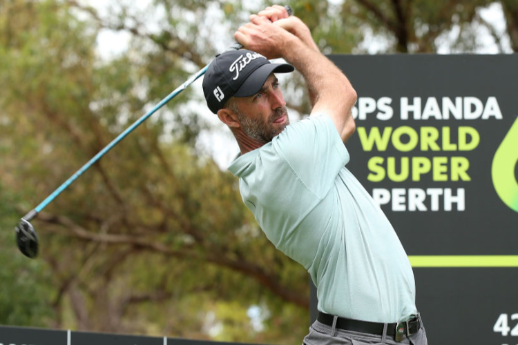 GEOFF OGILVY of Australia plays his tee shot during the Pro-Am of the ISPS Handa World Super 6 Perth at Lake Karrinyup Country Club in Perth, Australia.