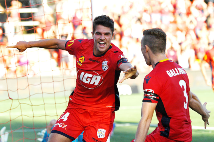 GEORGE BLACKWOOD of United celebrates after kicking a goal between Adelaide United and the Central Coast at Coopers Stadium in Adelaide, Australia.
