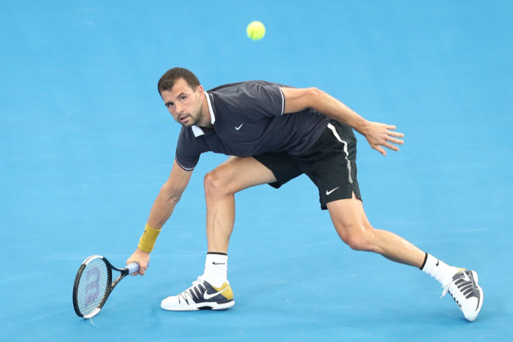 GRIGOR DIMITROV during the Brisbane International at Pat Rafter Arena in Brisbane, Australia.