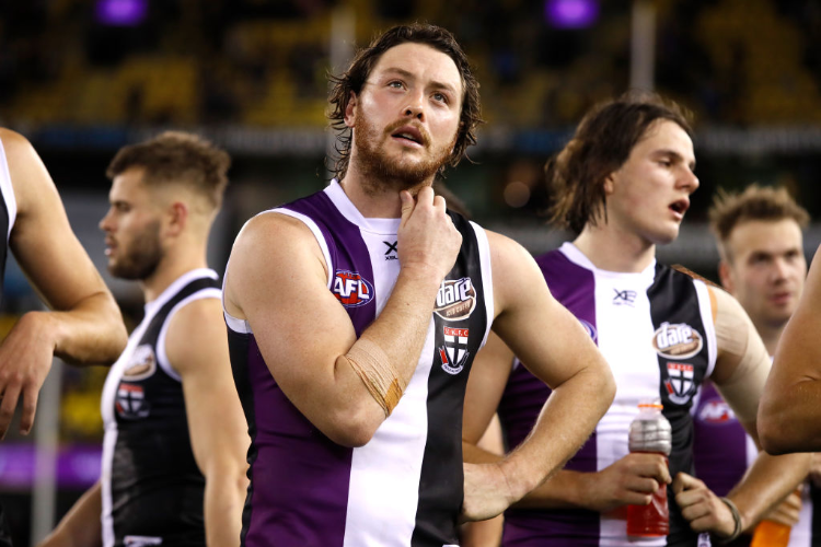 JACK STEVEN of the Saints looks dejected after a loss during the AFL match between the St Kilda Saints and the Richmond Tigers at Etihad Stadium in Melbourne, Australia. JACK STEVEN of the Saints looks dejected after a loss during the AFL match between the St Kilda Saints and the Richmond Tigers at Etihad Stadium in Melbourne, Australia.