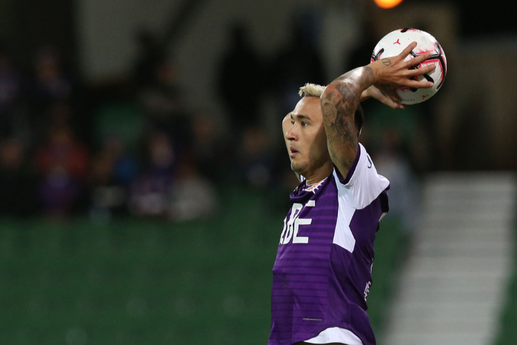 JASON DAVIDSON of the Glory looks to throw the ball in during the A-League match between the Perth Glory and Adelaide United at HBF Park in Perth, Australia.