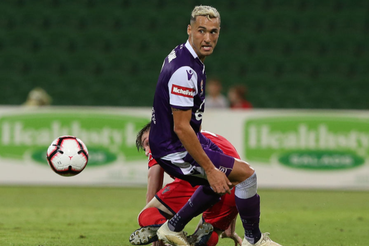 JASON DAVIDSON of the Glory wins the ball against Ryan Strain of Adelaide during the match between the Perth Glory and Adelaide United at HBF Park in Perth, Australia.