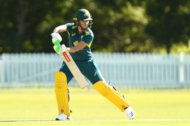 JESS JONASSEN bats during the 50 over practice match between Australian Women's National team and Australia A at Wynnum Manly Cricket Club in Brisbane, Australia.