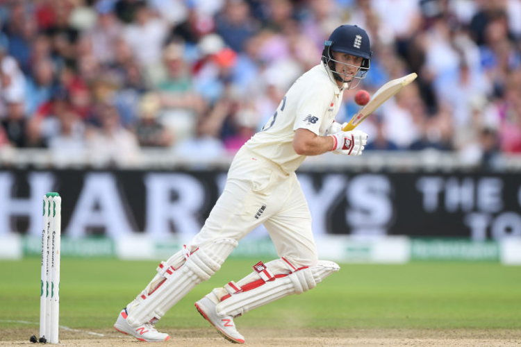 England batsman JOE ROOT hits out during the Test Match between England and Australia at Edgbaston in Birmingham, England.