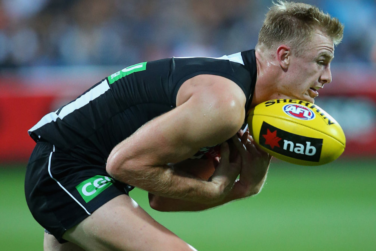 JONATHON MARSH of the Magpies marks during the 2016 NAB Challenge match between the Geelong Cats and the Collingwood Magpies at Simonds Stadium in Geelong, Australia. JONATHON MARSH of the Magpies marks during the 2016 NAB Challenge match between the Geelong Cats and the Collingwood Magpies at Simonds Stadium in Geelong, Australia.