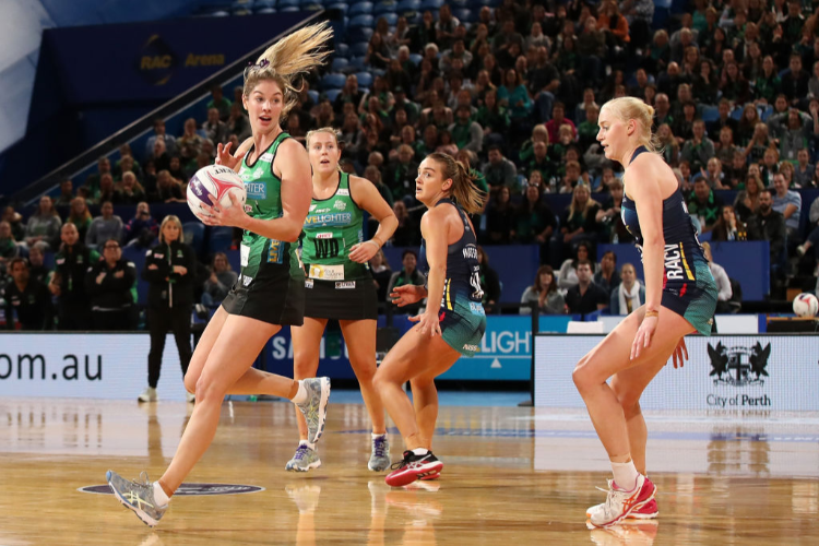 KAYLIA STANTON of the Fever catches the ball during the round 4 Super Netball match between the West Coast Fever and Melbourne Vixens at in Perth, Australia.