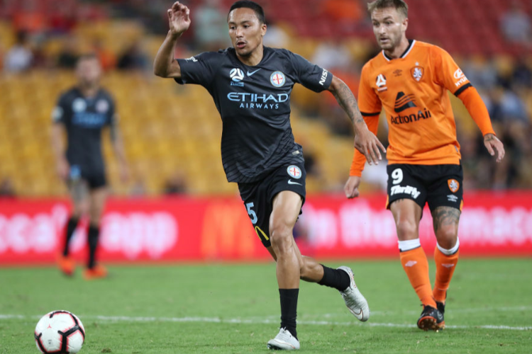 KEARYN BACCUS of City FC kicks during the A-League match between the Brisbane Roar and Melbourne City FC at Suncorp Stadium in Brisbane, Australia.