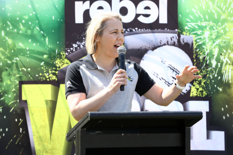 KIM MCCONNIE speaks during the WBBL Big Weekend Season Launch at Junction Oval in Melbourne, Australia.
