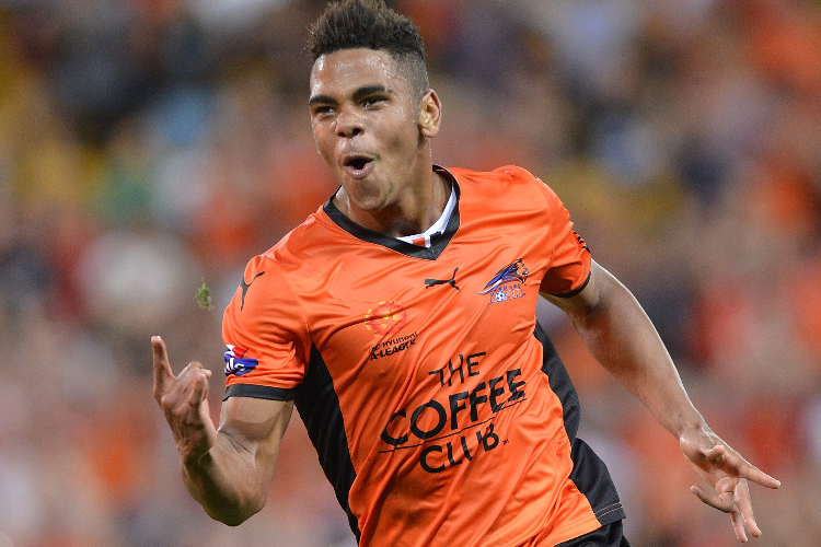 KWAME YEBOAH of the Roar celebrates after scoring a goal during the A-League match between the Brisbane Roar and the Western Sydney Wanderers at Suncorp Stadium in Brisbane, Australia. KWAME YEBOAH of the Roar celebrates after scoring a goal during the A-League match between the Brisbane Roar and the Western Sydney Wanderers at Suncorp Stadium in Brisbane, Australia.