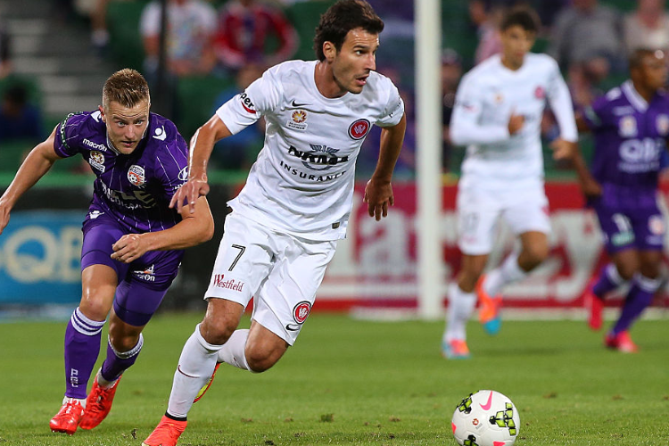 LABINOT HALITI of the Wanderers controls the ball against Scott Jamieson of the Glory during the A-League match between Perth Glory and the Western Sydney Wanderers at nib Stadium in Perth, Australia.