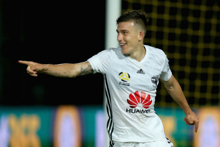 LOUIS FENTON of Wellington Phoenix celebrates his goal during the A-League match between the Central Coast Mariners and the Wellington Phoenix at Central Coast Stadium in Gosford, Australia.