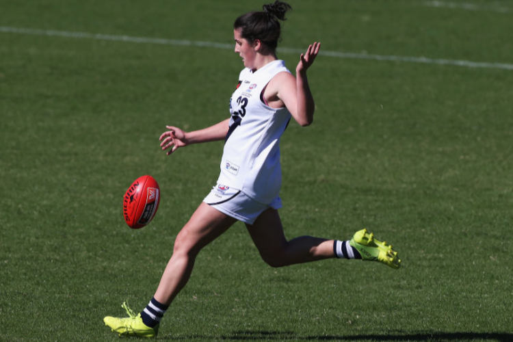 ic Country's LUCY MCEVOY kicks a goal during the AFLW U18 Championships match between Queensland and Vic Country at Metricon Stadium in Gold Coast, Australia.