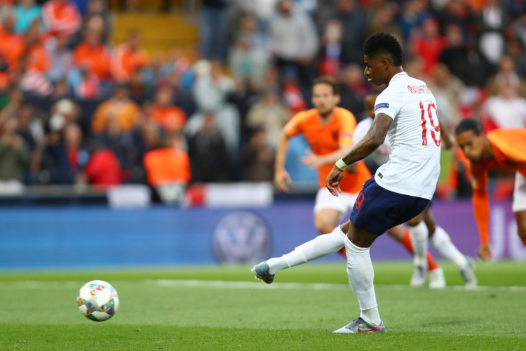 MARCUS RASHFORD of England scores his team's first goal between the Netherlands and England at Estadio D. Afonso Henriques in Guimaraes, Portugal.