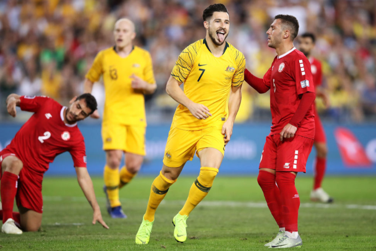 MATTHEW LECKIE of Australia celebrates scoring a goal during the International Friendly Match between the Australian Socceroos and Lebanon at ANZ Stadium in Sydney, Australia.