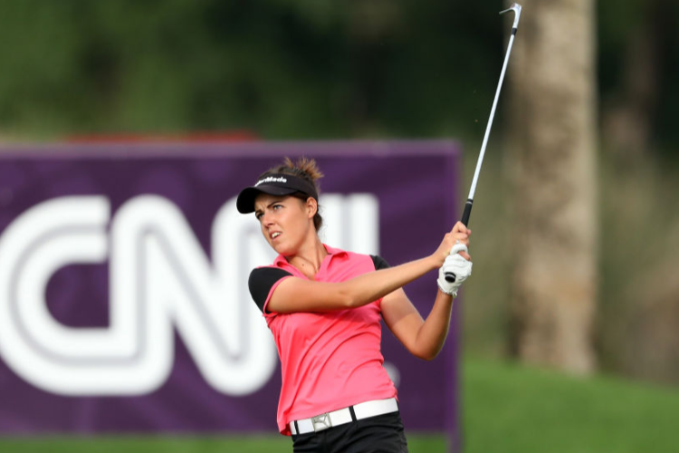 MEGHAN MACLAREN of England plays her fifth shot on the par 5, 18th hole during the third round of the 2017 Dubai Ladies Classic on the Majlis Course at The Emirates Golf Club, in Dubai, United Arab Emirates. MEGHAN MACLAREN of England plays her fifth shot on the par 5, 18th hole during the third round of the 2017 Dubai Ladies Classic on the Majlis Course at The Emirates Golf Club, in Dubai, United Arab Emirates.