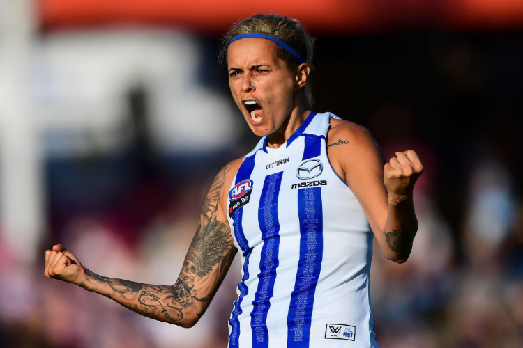 MOANA HOPE of the Kangaroos celebrates scoring a goal during the NAB AFLW match between the Fremantle Dockers and the North Melbourne Kangaroos at Fremantle Oval in Fremantle, Australia.