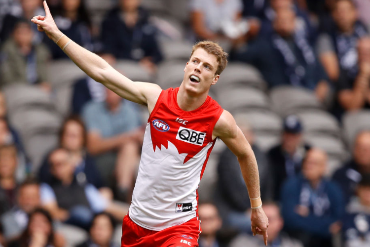 NICK BLAKEY of the Swans celebrates a goal during the 2019 AFL match between the Carlton Blues and the Sydney Swans at Marvel Stadium in Melbourne, Australia.