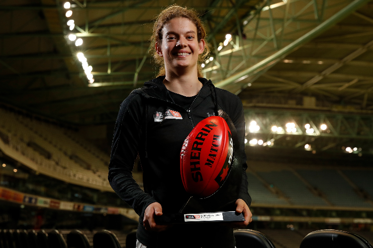 NINA MORRISON poses for a photo with her trophy during the AFLW Draft Combine at Marvel Stadium in Melbourne, Australia. NINA MORRISON poses for a photo with her trophy during the AFLW Draft Combine at Marvel Stadium in Melbourne, Australia.