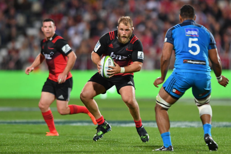 OWEN FRANKS of the Crusaders charges forward during the Super Rugby match between the Crusaders and the Blues at AMI Stadium in Christchurch, New Zealand.