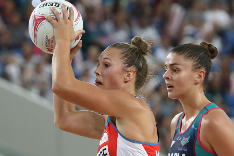 PAIGE HADLEY of the Swifts controls the ball during the Super Netball match between the Vixens and the Swifts at Margaret Court Arena in Melbourne, Australia.