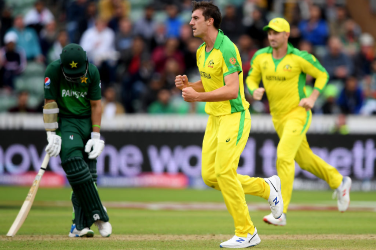 PAT CUMMINS of Australia celebrates during the ICC Cricket World Cup between Australia and Pakistan at The County Ground in Taunton, England.